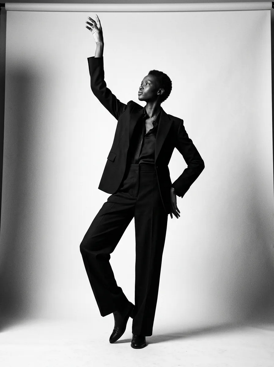 Editorial photograph of a model holding a full-body pose in studio light