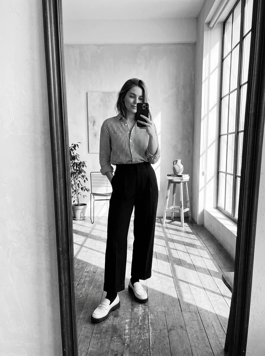 Editorial photograph of a mirror self-portrait in natural window light